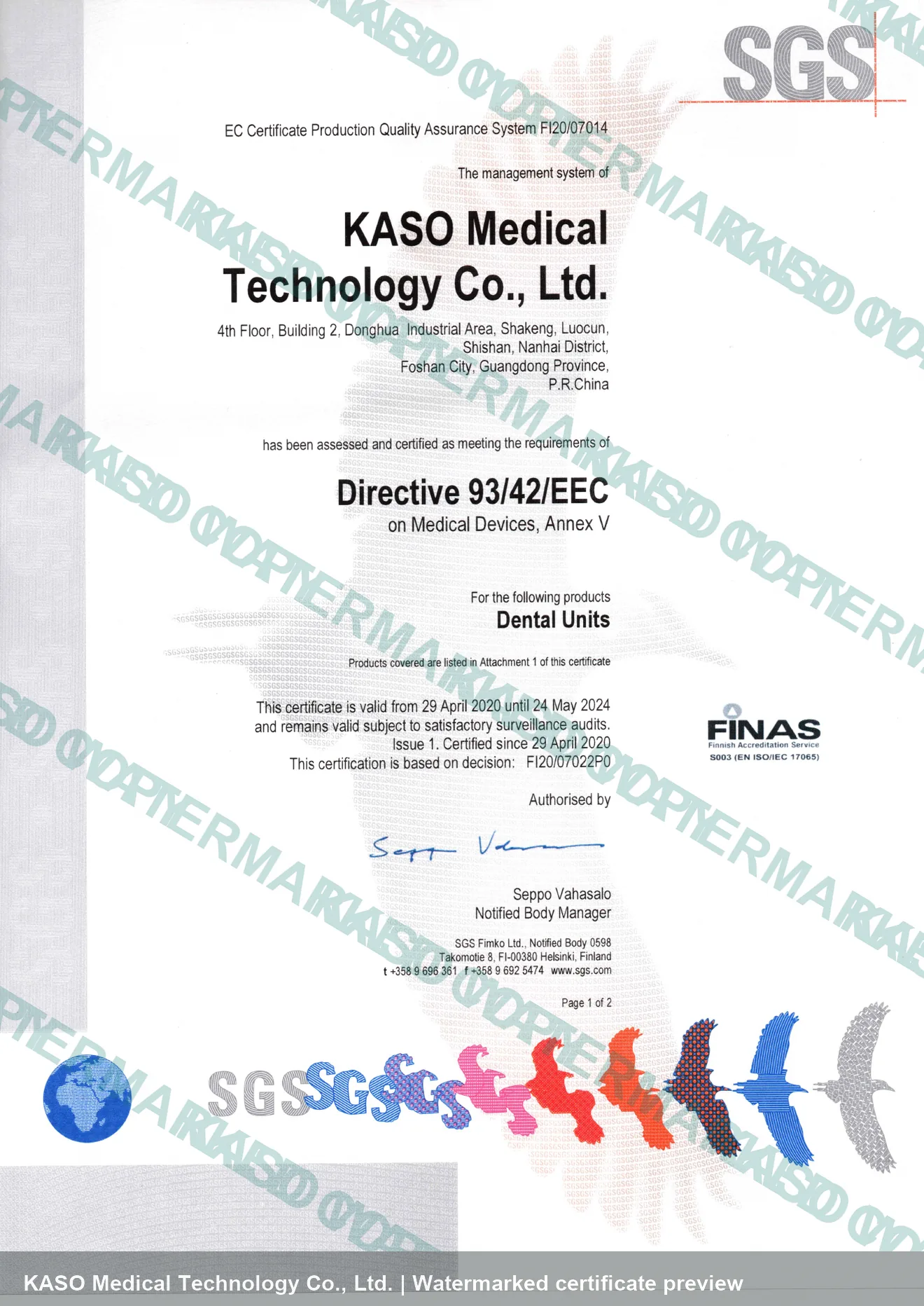 Watermarked CE certificate preview for KASO dental units