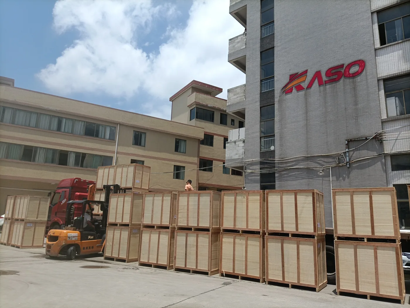 KASO wooden crates staged in factory yard